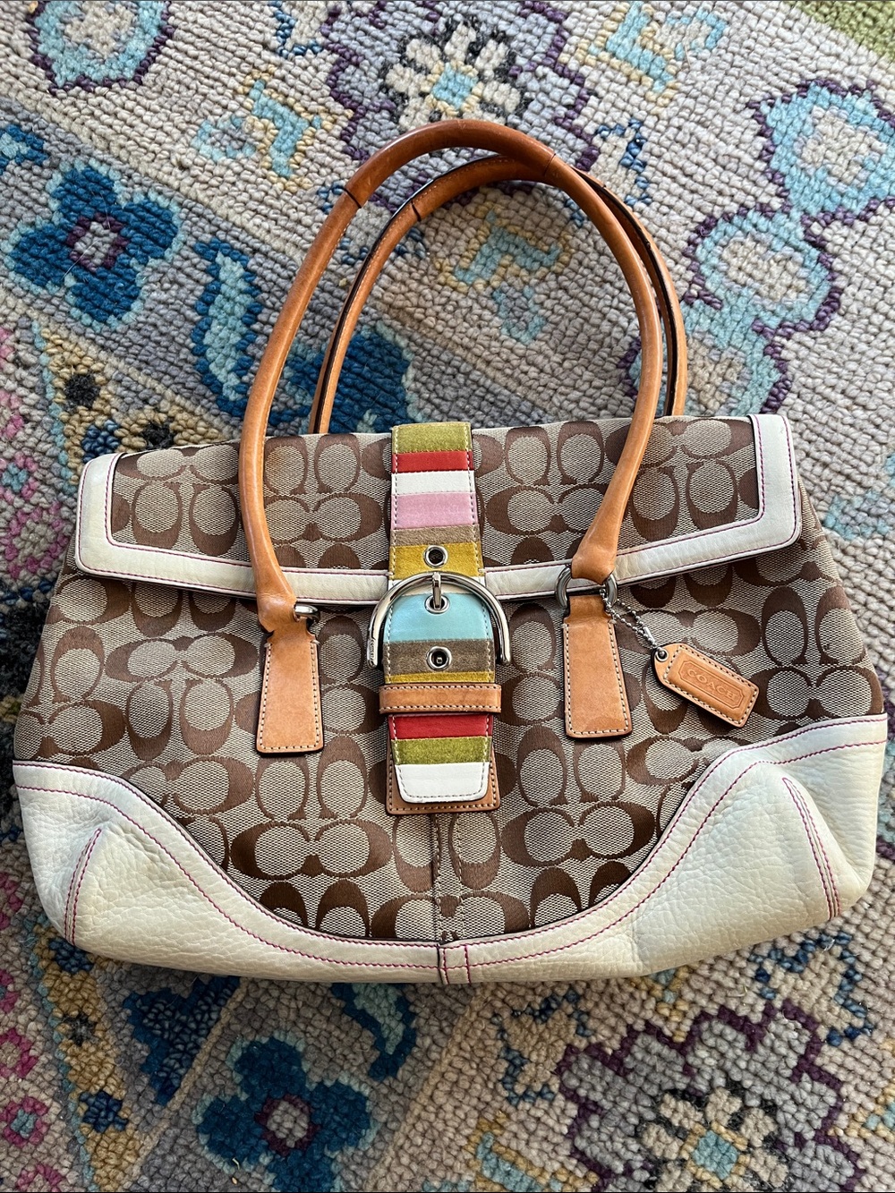 Coach Brown Signature Canvas satchel with Multicolor Stripe Accent 6834